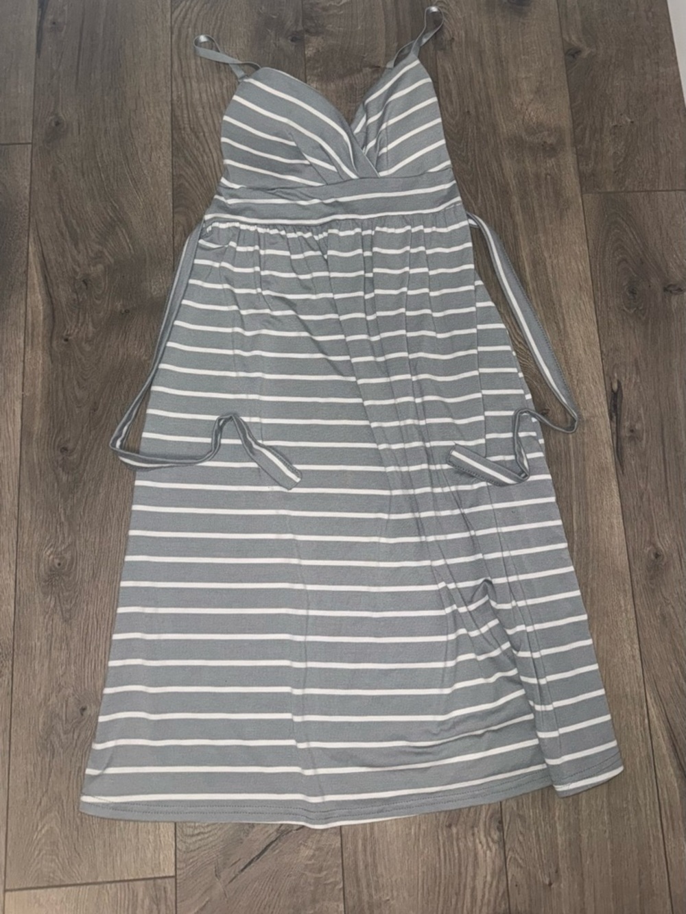 Planet Gold Gray & White Striped Spaghetti Strap Midi Dress